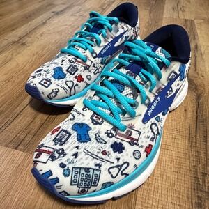 Brooks Trace 3 Medical Nursing Print Shoes Womens White Blue 1204011B123 Size 8B